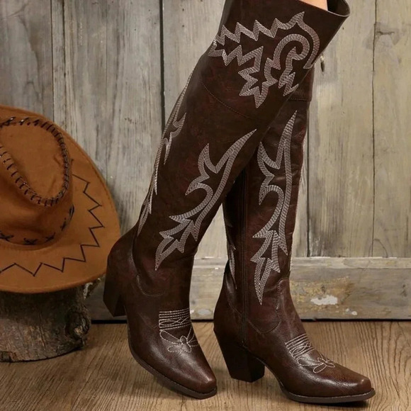 Women's Fashionable Embroidery Detail Outdoor Riding Boots, Western Style, Autum - Picture 6 of 8